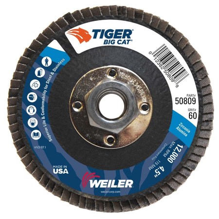 WEILER 4-1/2" Big Cat Abrasive Flap Disc, Flat (TY27), 60Z, 5/8"-11 UNC 50809